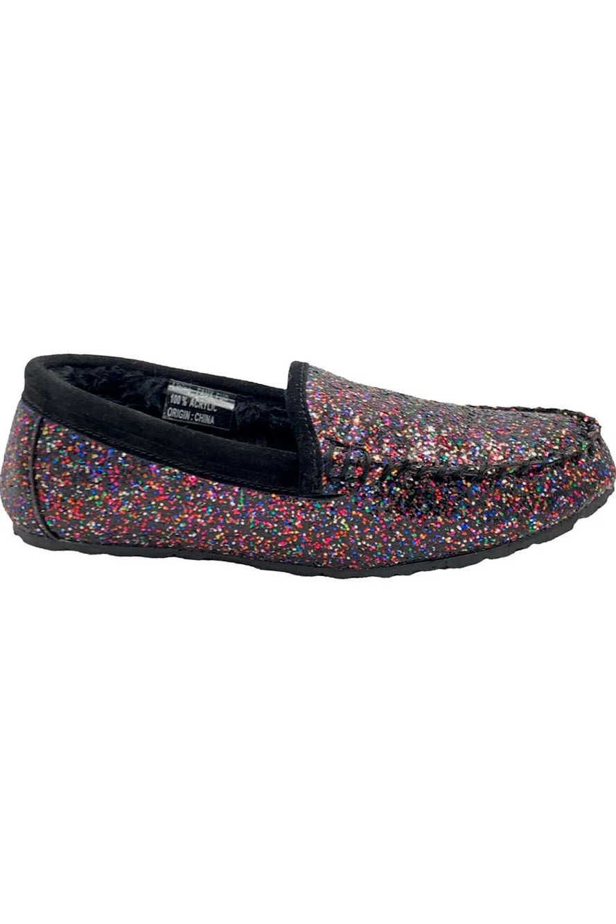 Clarks Women's Faux Fur Moccasin Slippers Black Glitter - Medium